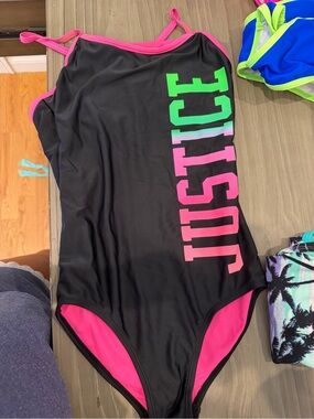 Justice Black One-Piece Swimsuit with Pink & Green Accents